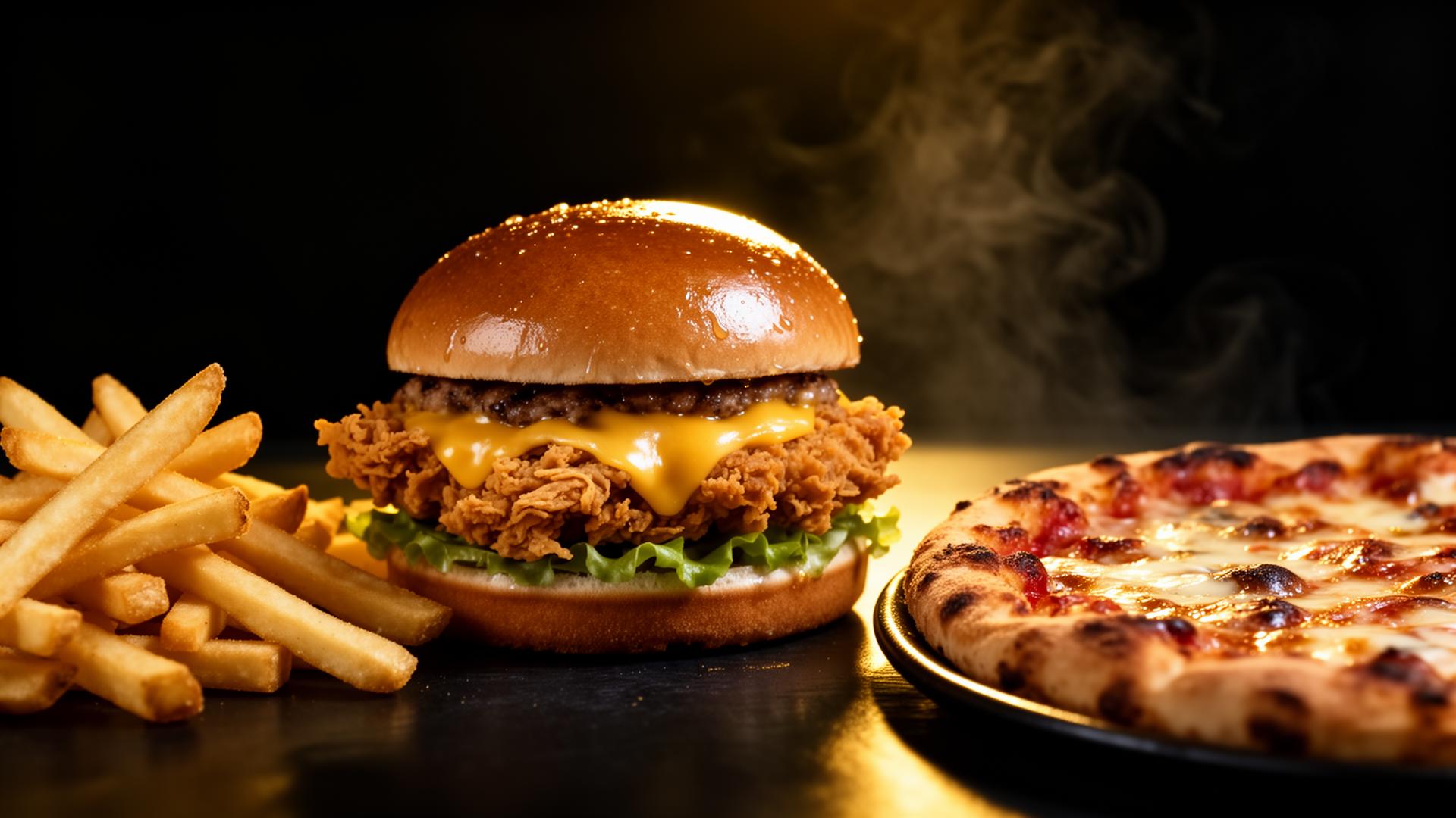 Premium signature burger, golden fries and pizza